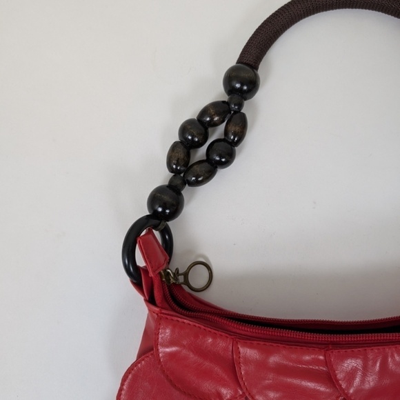 Scalloped Shoulder Bag Purse Handbag Beaded Faux Leather Pleather Cherry Red - Picture 8 of 10